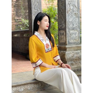 Đồ lam đi chùa nữ - bộ đi lễ chùa lụa hoạ tiết cao cấp cổ la hán