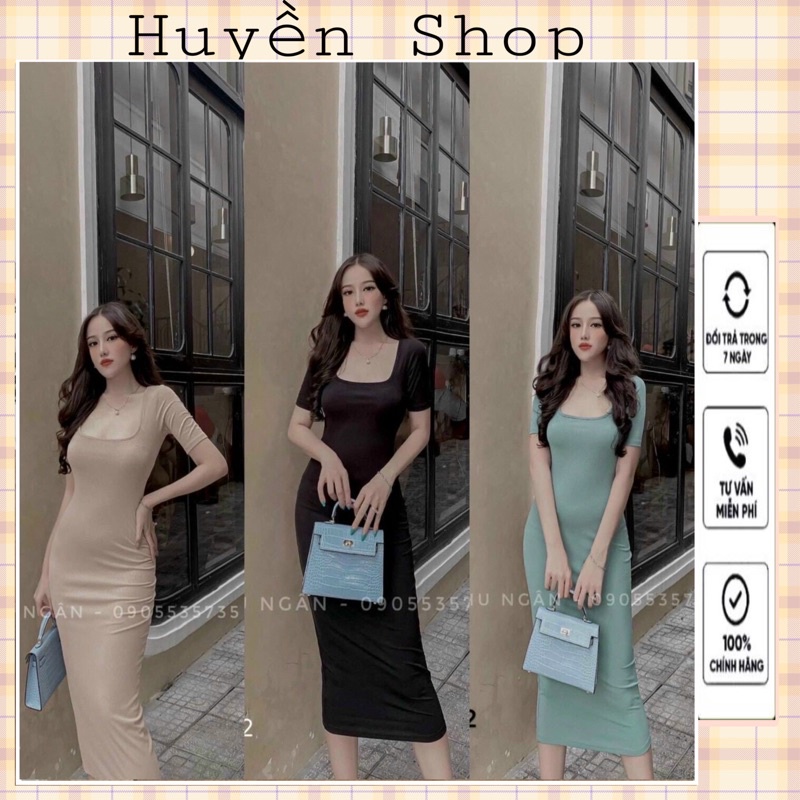 Đầm ôm Váy body cộc tay cổ vuông dáng dài chất thun tăm màu đen be xanh