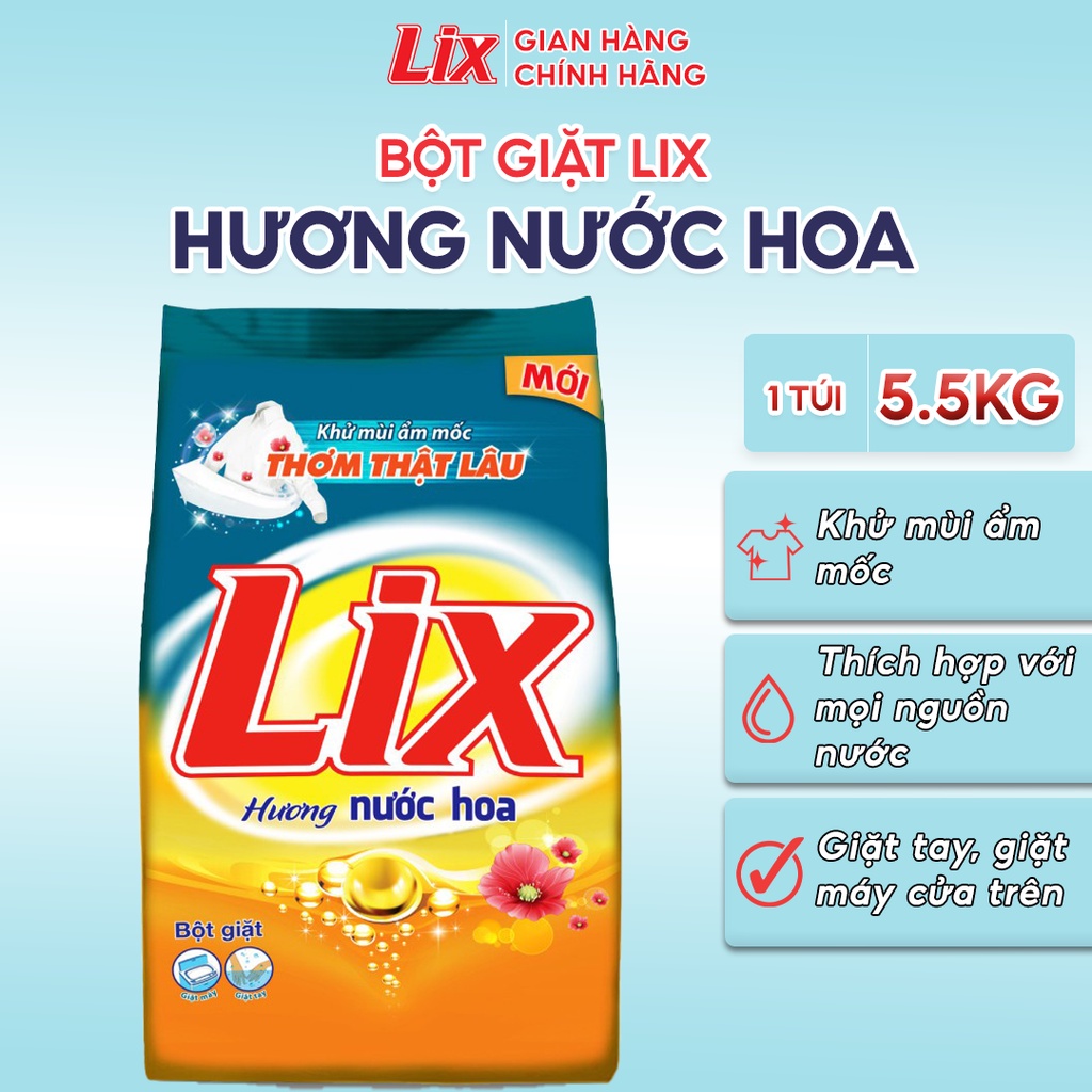 Bột giặt Lix đậm đặc hương nước hoa thơm mát 5,5 Kg PD575 giúp loại bỏ ẩm mốc làm sạch mọi vết bẩn cứng đầu giữ quần áo