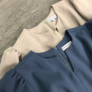 Đầm midi warehouse xếp ly eo, tay phồng
