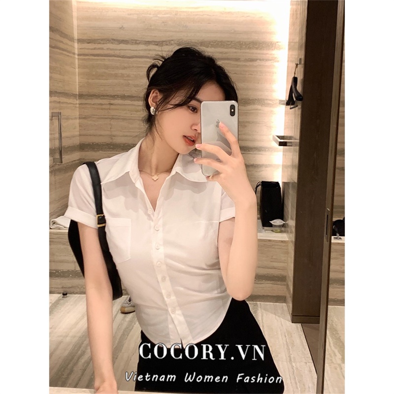 Cocory vn Áo Crop top Nữ Tay Ngắn Ôm Dáng Đơn Giản Dễ Phối Đồ