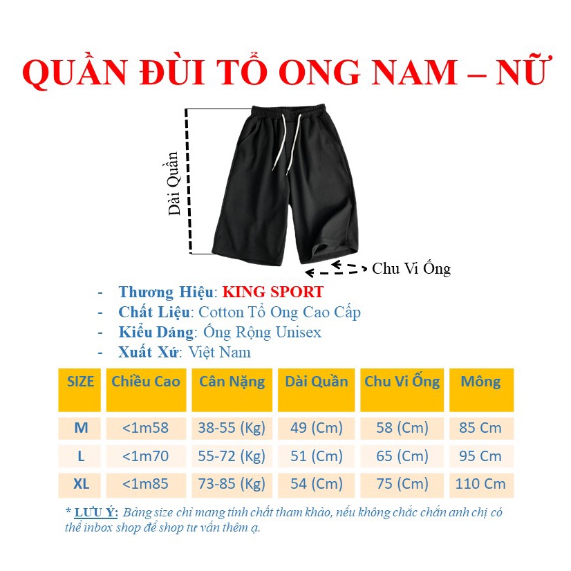 Quần short nam nữ tổ ong cotton KING SPORT Quần đùi mặc nhà thể thao ống rộng basic cao cấp dày dặn thoáng mát BTM QD005