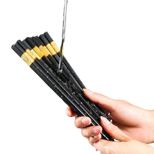 Bộ 10 đôi đũa ăn nấu bếp đen hợp kim sợi thủy tinh đầu mạ vàng chịu nhiệt chống trơn mốc cho gia đình quán ăn nhà hàng