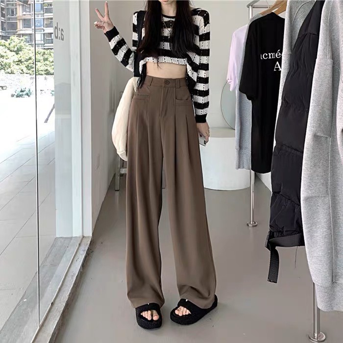 Quần Culottes Ống Rộng Nữ Thiết Kế Túi Vuông Suông Dài Lưng Cao Khóa Trước 1 Khuy Chất Tuyết Mưa Vitex Cho nữ