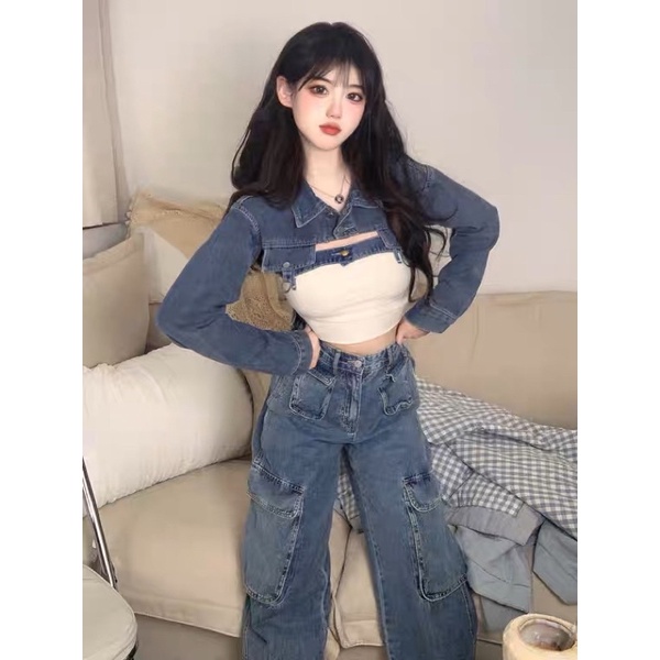 Set áo croptop jean + áo ống phối jean chất chơi