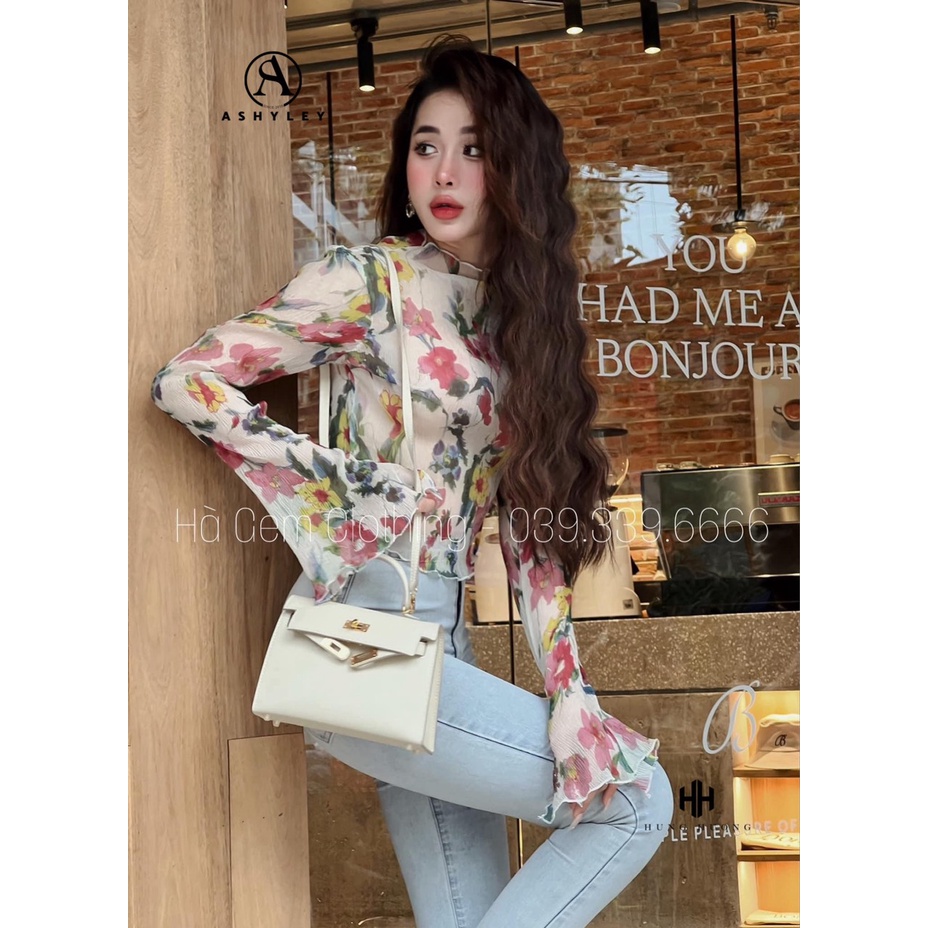 ÁO THUN GIẤY DẬP LI HOA TO NHÚN TÀY DÀI LOE