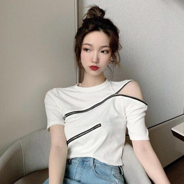 Áo Kiểu Trễ Vai Tay Ngắn Phối Khoá Kéo Thời Trang Mùa Hè Cho Phái Nữ