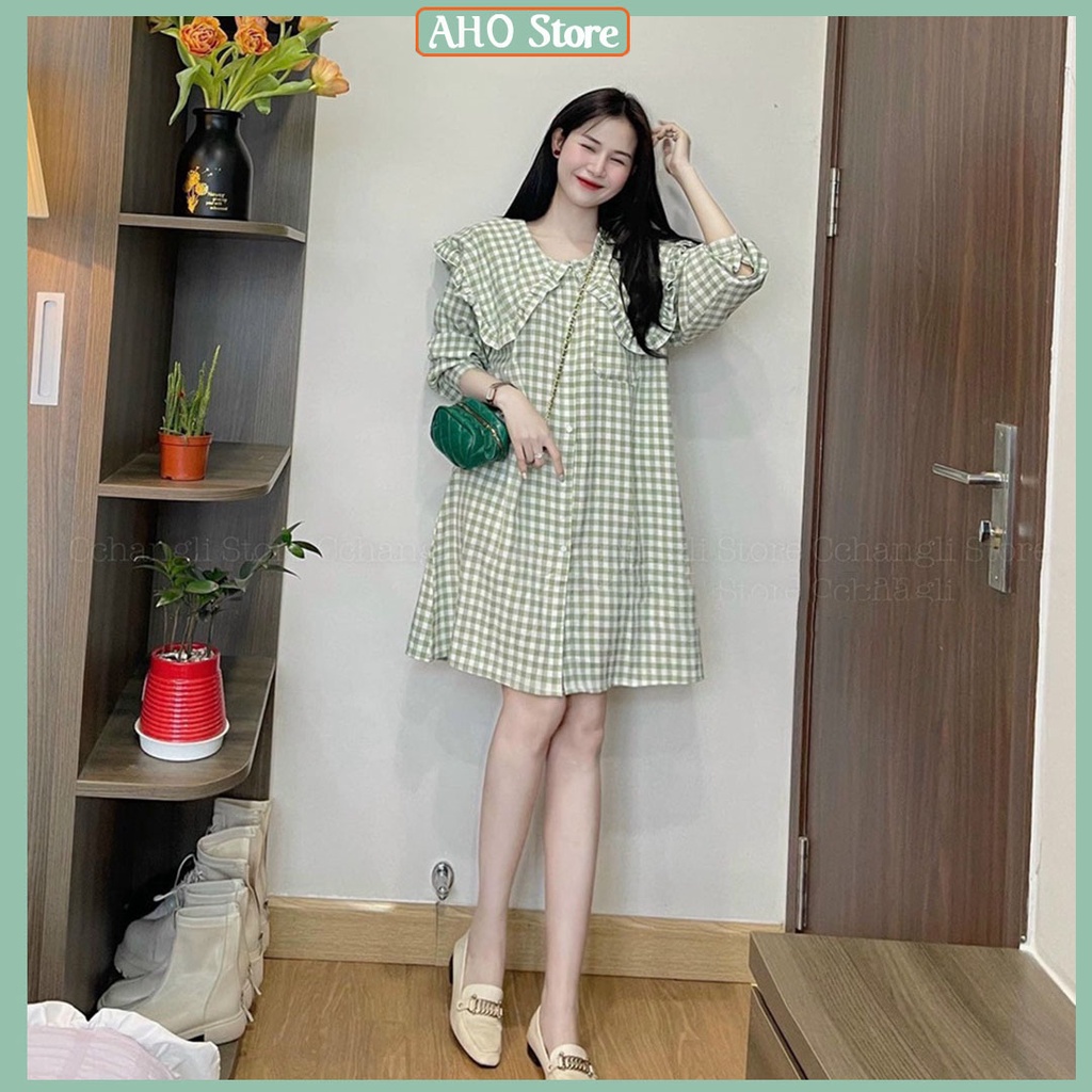 Váy Sơ Mi Caro Cổ Thuỷ Thủ Đầm Sơ Mi Nữ Dáng Suông Form Rộng Freesize