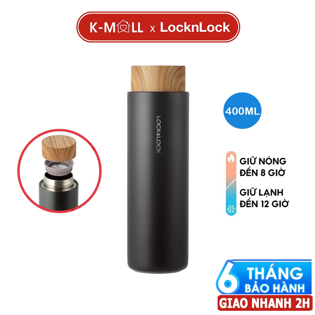 Bình giữ nhiệt LocknLock Flat Tumbler 400ml có khay lưới lọc trà, nắp nhựa kiểu gỗ LHC4227 màu đen - K-MALL