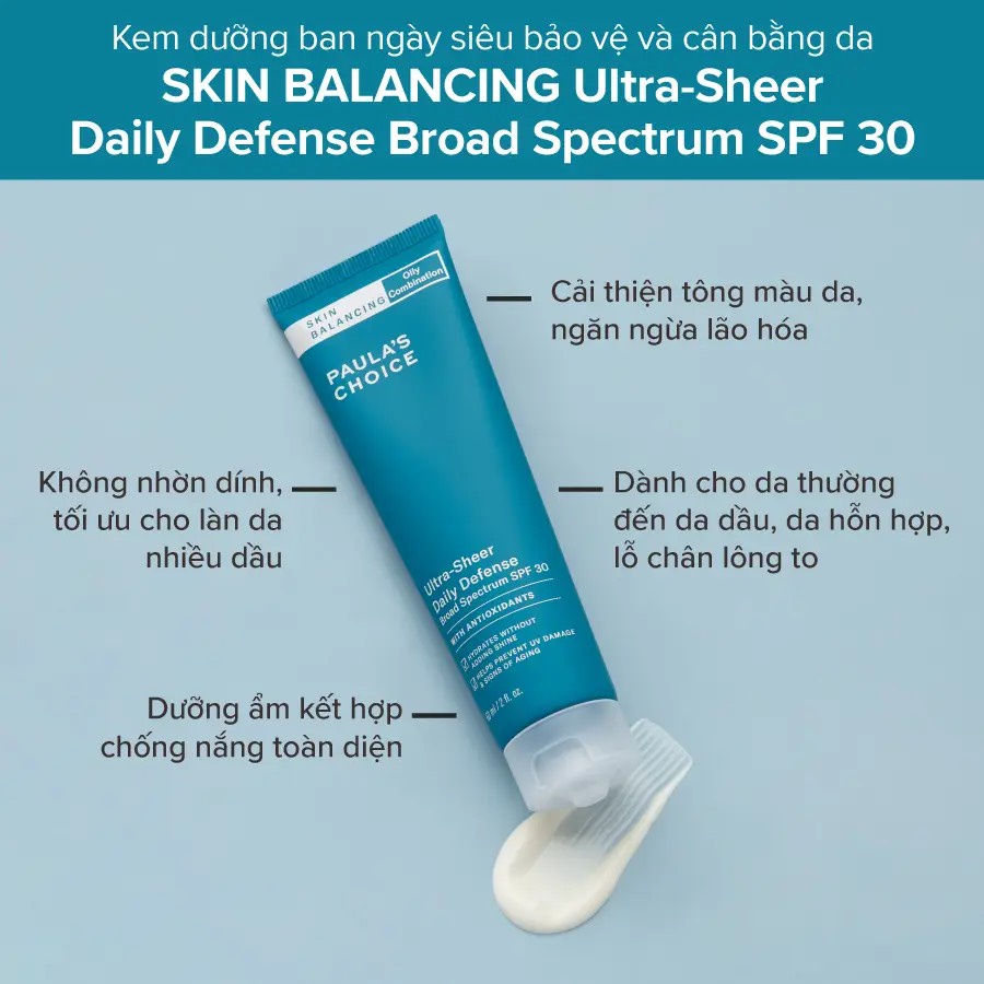 [PAULA'S CHOICE] Kem Chống Nắng Hóa Học Cho Da Dầu Mụn Skin Balancing Ultra - Sheer Daily Defence SPF 30 60ml (Mã 1560)