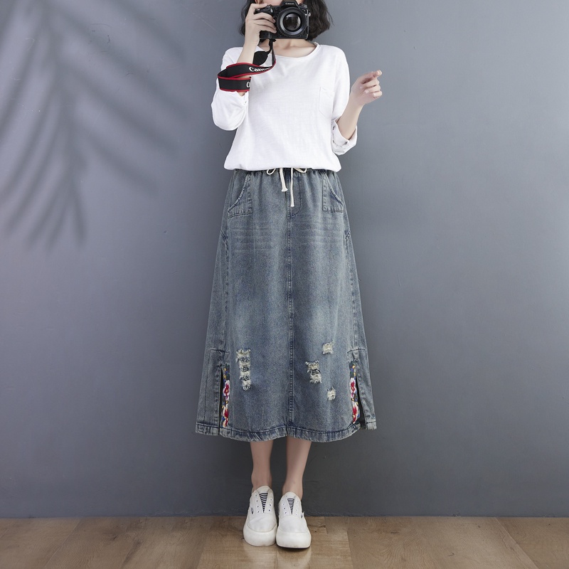 A448 chân váy jean bigsize freesize dáng a họa tiết rách thêu hoa trẻ trung thời trang