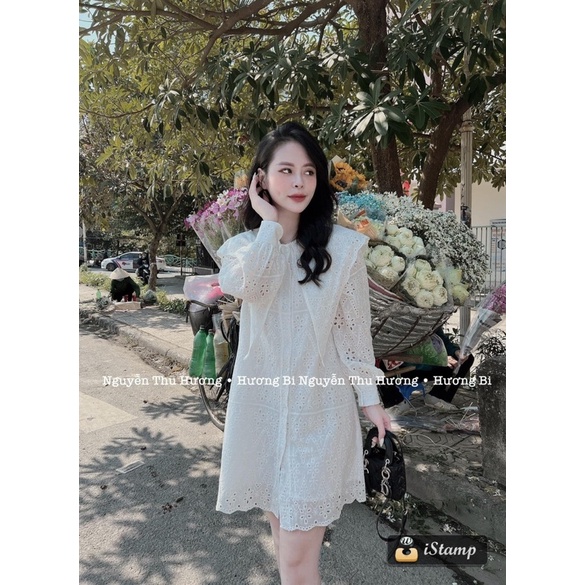 Đầm suông ren trắng tay dài phối cổ nhọn VIENS STORE