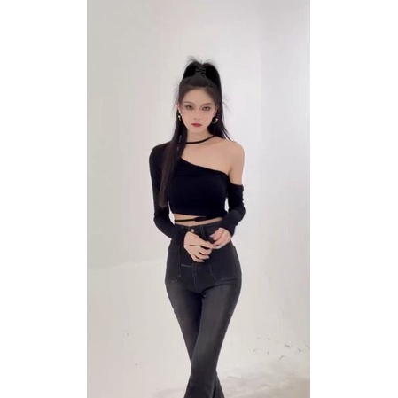 Áo kiểu thun croptop tay dài lệch vai phối dây siêu cá tính cho nữ