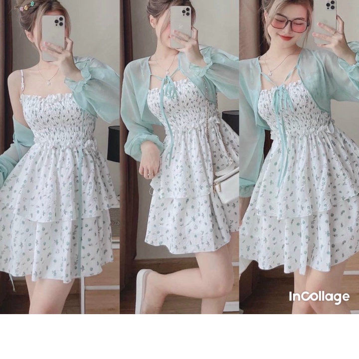 Đầm váy nữ kèm áo khoắc họa tiết phối xốp in họa tiết trẻ trung sang trọng thời trang dự tiệc, dạo phố đi biển