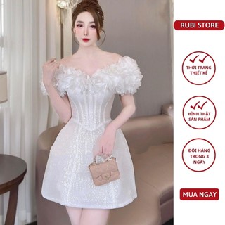 V243 - Đầm thiết kế RUBI STORE trễ vai đính hoa lazen chất tơ xước kimsa dáng ngắn cao cấp