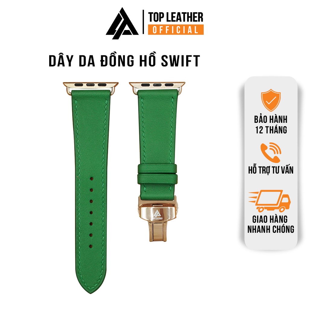 Dây đồng hồ da nam nữ Apple- Watch Swift xanh lá cây lót Zermatt full size handmade Top Leather