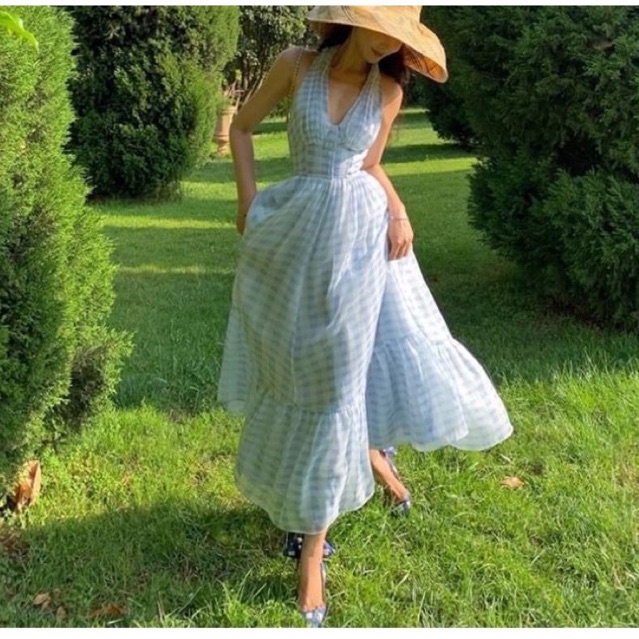 Muse Fashion đầm liền voan tiên nữ kẻ sọc màu xanh lam thắt dây nơ mùa hè