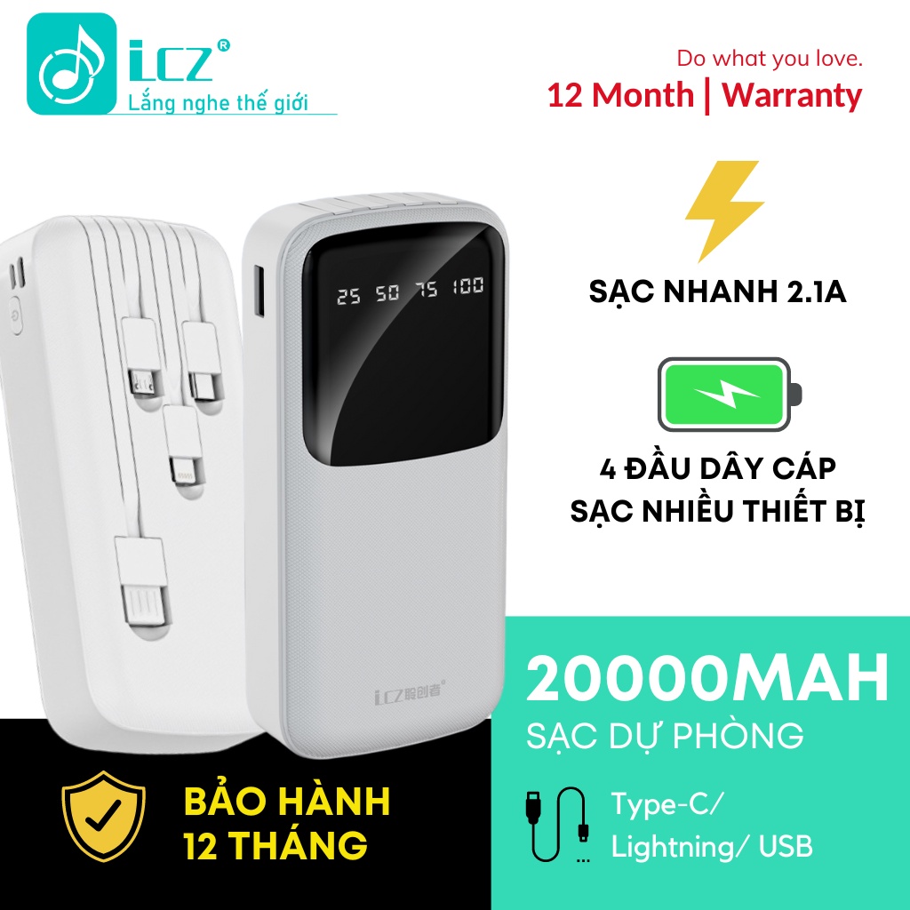 Sạc dự phòng LC831A sạc nhanh 2.1A, tích hợp 4 đầu ra cổng vào USB tiện lợi, dung lượng cao 10000mAh/ 20000mAh