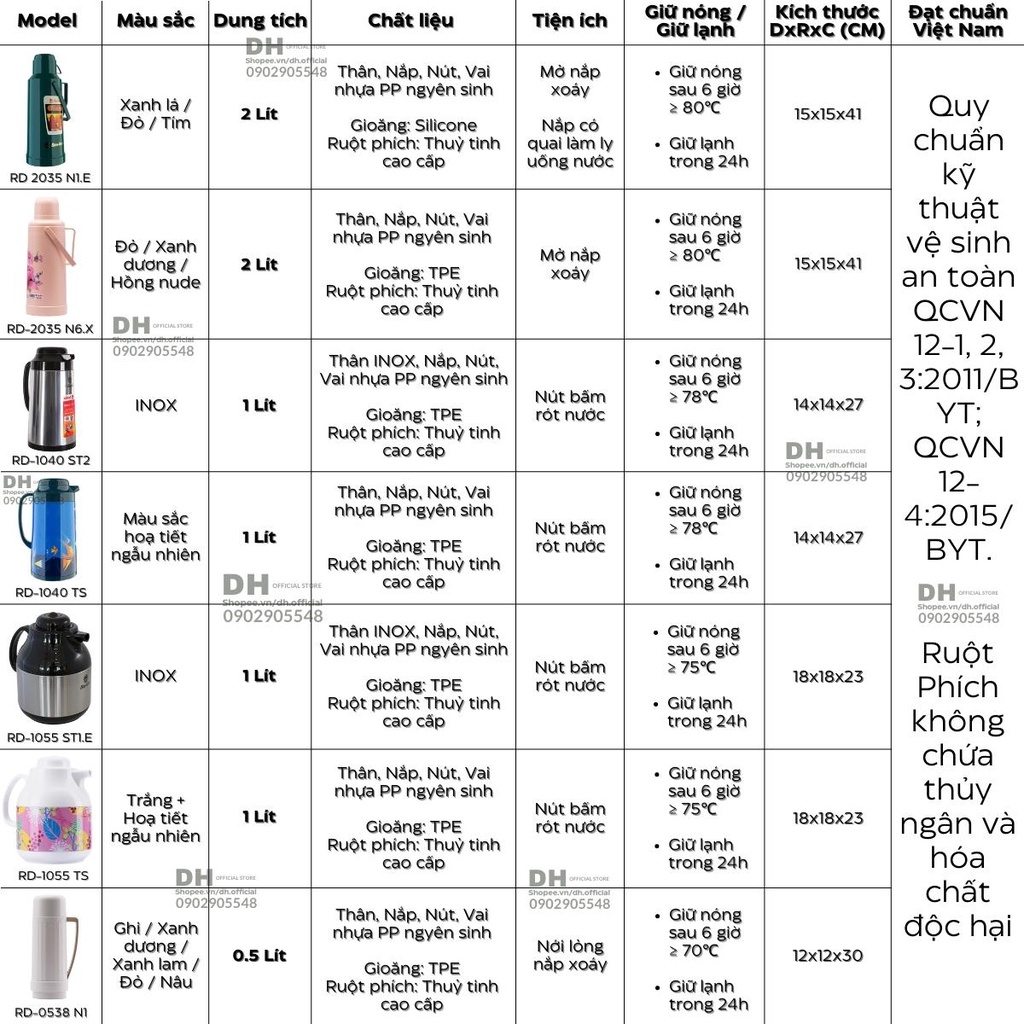 Phích nước giữ nhiệt Rạng Đông 1 Lít INOX RD-1040 ST2.E - Hàng chính hãng