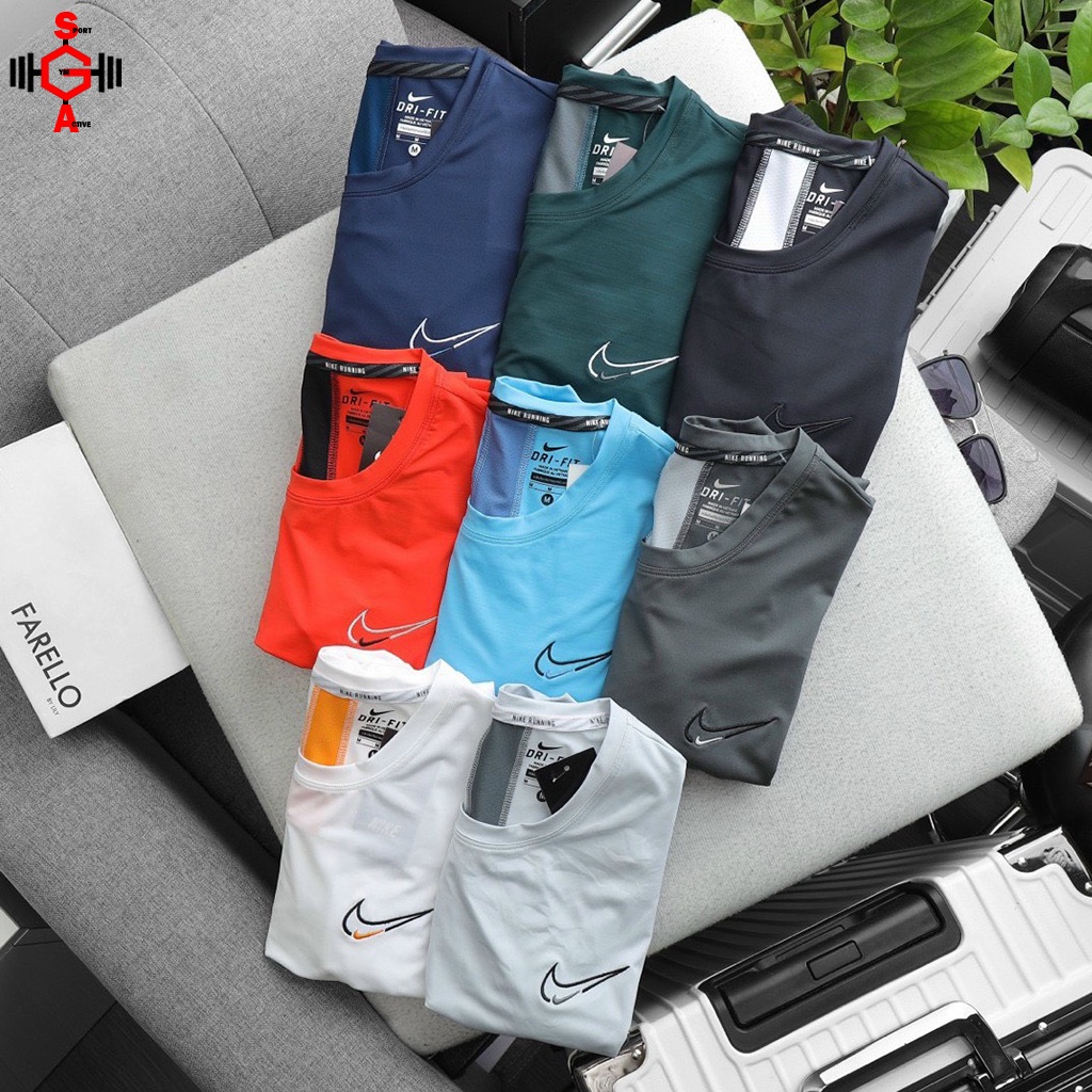 Áo thun nam tập gym chơi thể thao chạy bộ phối sọc trẻ trung chất thun poly co giãn 4 chiều t shirt Nike