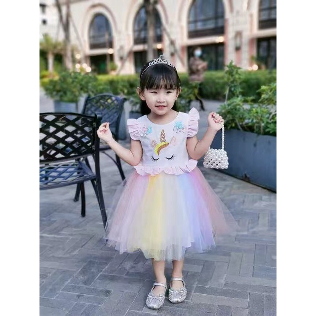 Váy đầm hoạ tiết và ren lưới cầu vồng cho bé gái. Mã hàng: NK0046