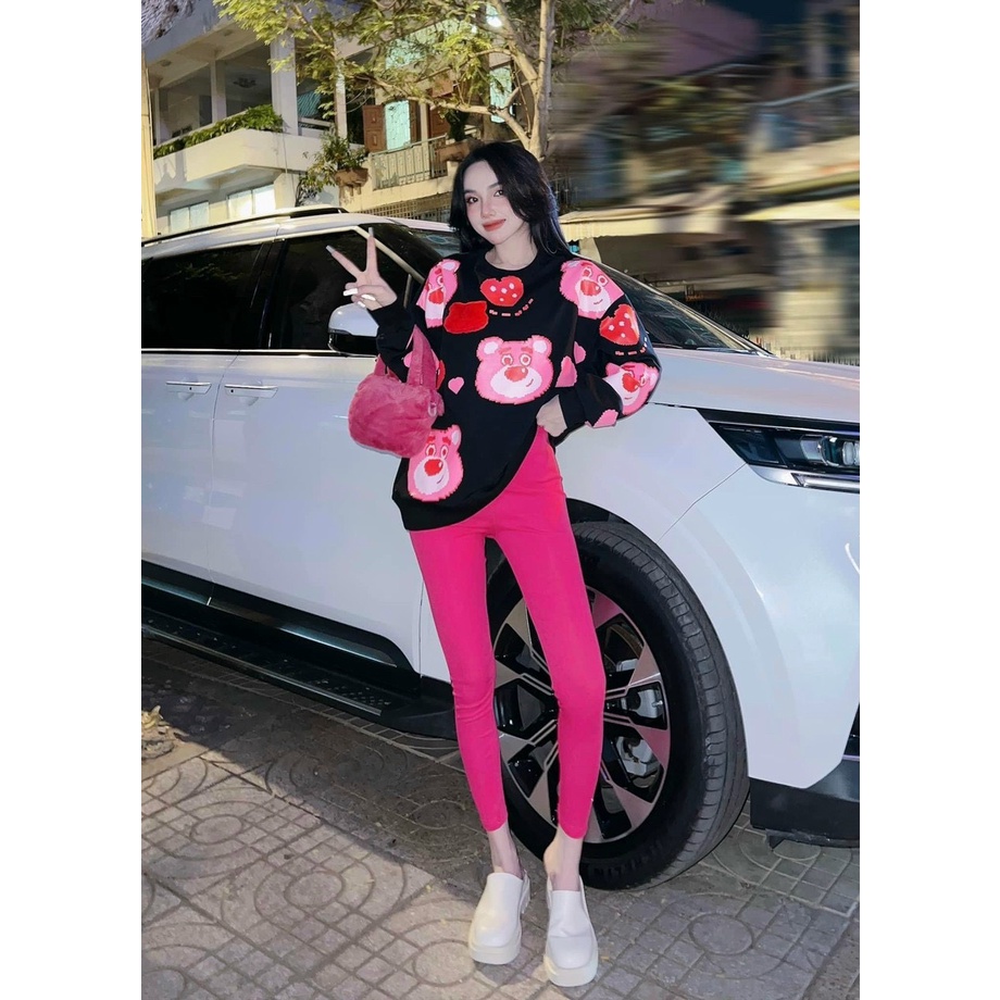 Set bộ gâu áo from rộng tay dài kèm quần legging dài ôm màu hồng dễ thương