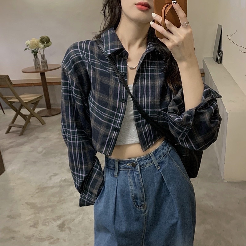 Pass nhanh Áo sơ mi caro croptop tay dài size S