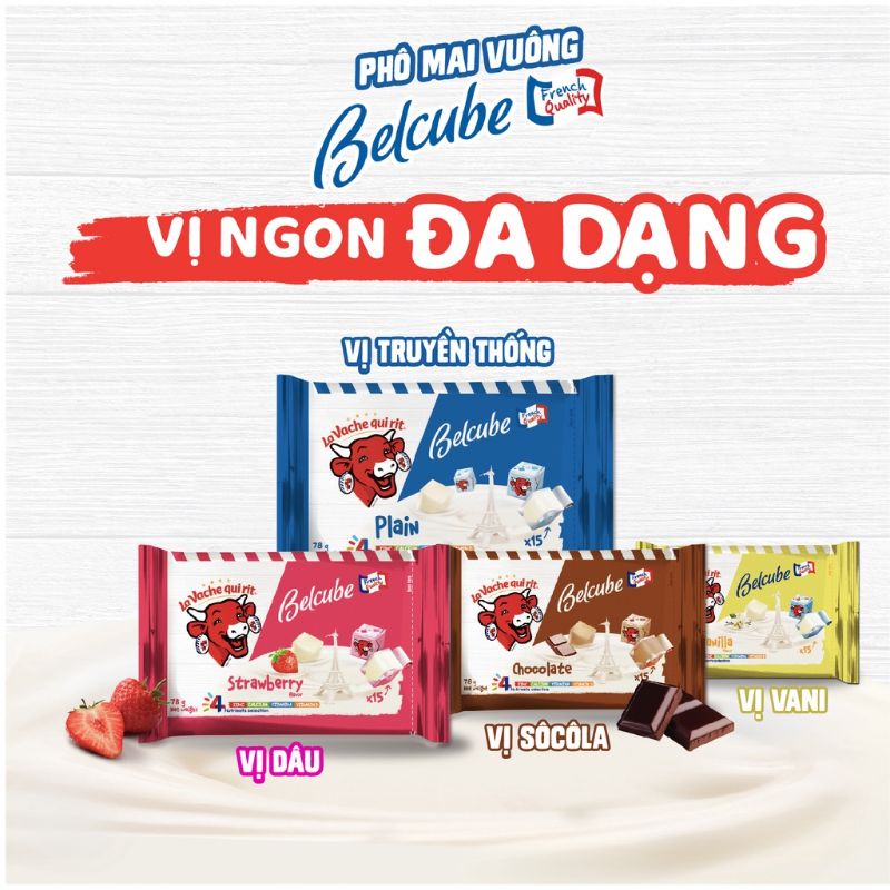 Phomai viên vuông hộp 15 viên vị vani, dâu, socola