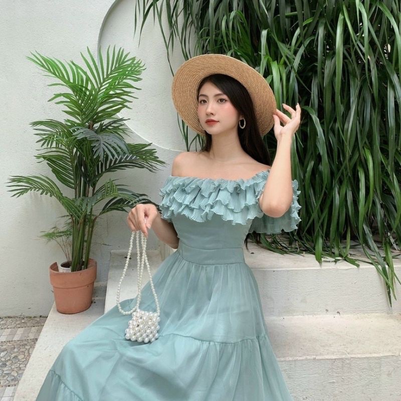 Váy, Đầm maxi hoa tơ cổ bèo cao cấp