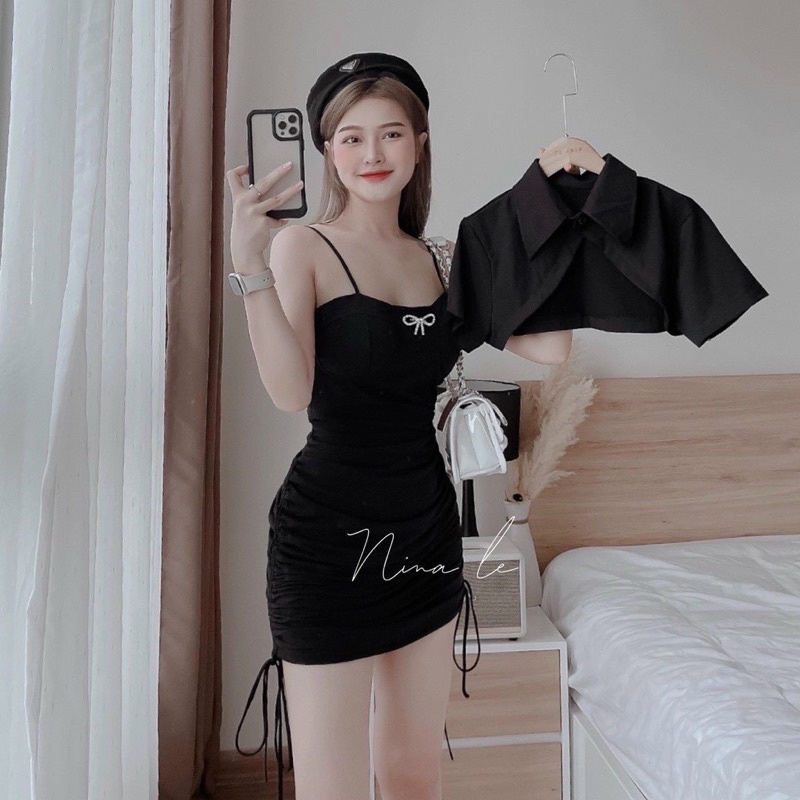 Set đầm 2 dây đen body t dây đính đá hoa kèm khoác crop cutout mẫu