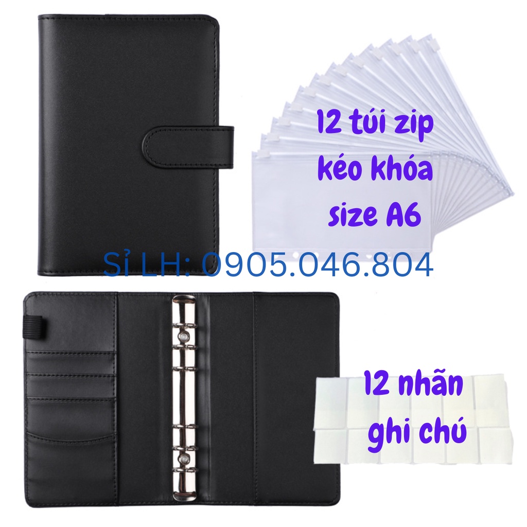 COMBO Sổ da kèm Túi Zip A6 6 còng dùng để chi tiêu tiết kiệm đựng tiền