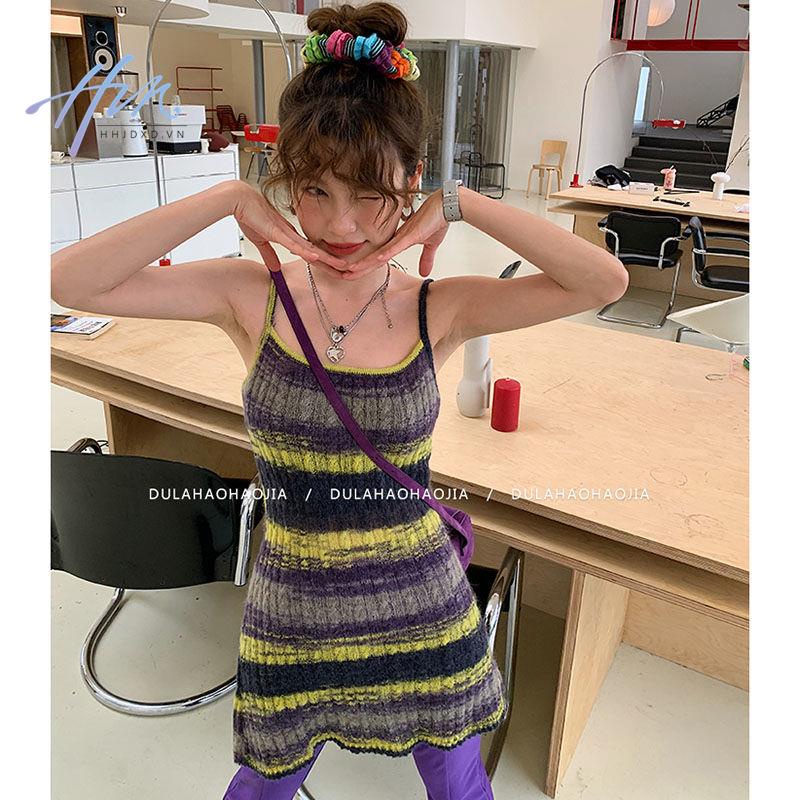 Áo Dệt Kim Hai Dây Dáng Rộng Họa Tiết Kẻ Sọc Màu Sắc Tương Phản Phong Cách Hong Kong Thời Trang Mùa Xuân 2023
