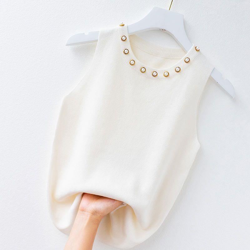 Áo sweater Không Tay Màu Trắng Đính Hạt Phong Cách Thời Trang Mới 2023