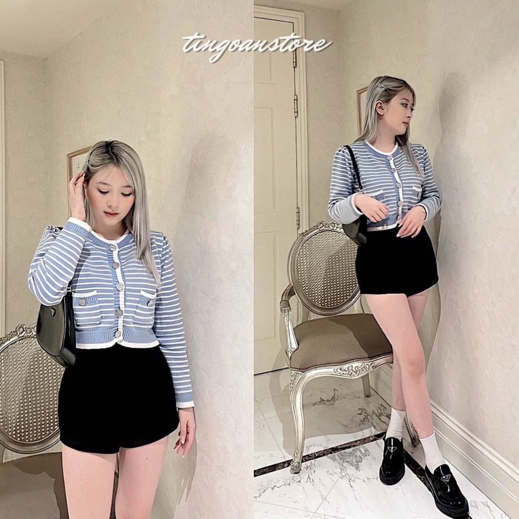 TINGOAN® - Áo set len cardigan lửng tặng kèm áo 2 dây kẻ ngang nhỏ xanh vai bồng CAPPUCCINO CARDIGAN/BLUE