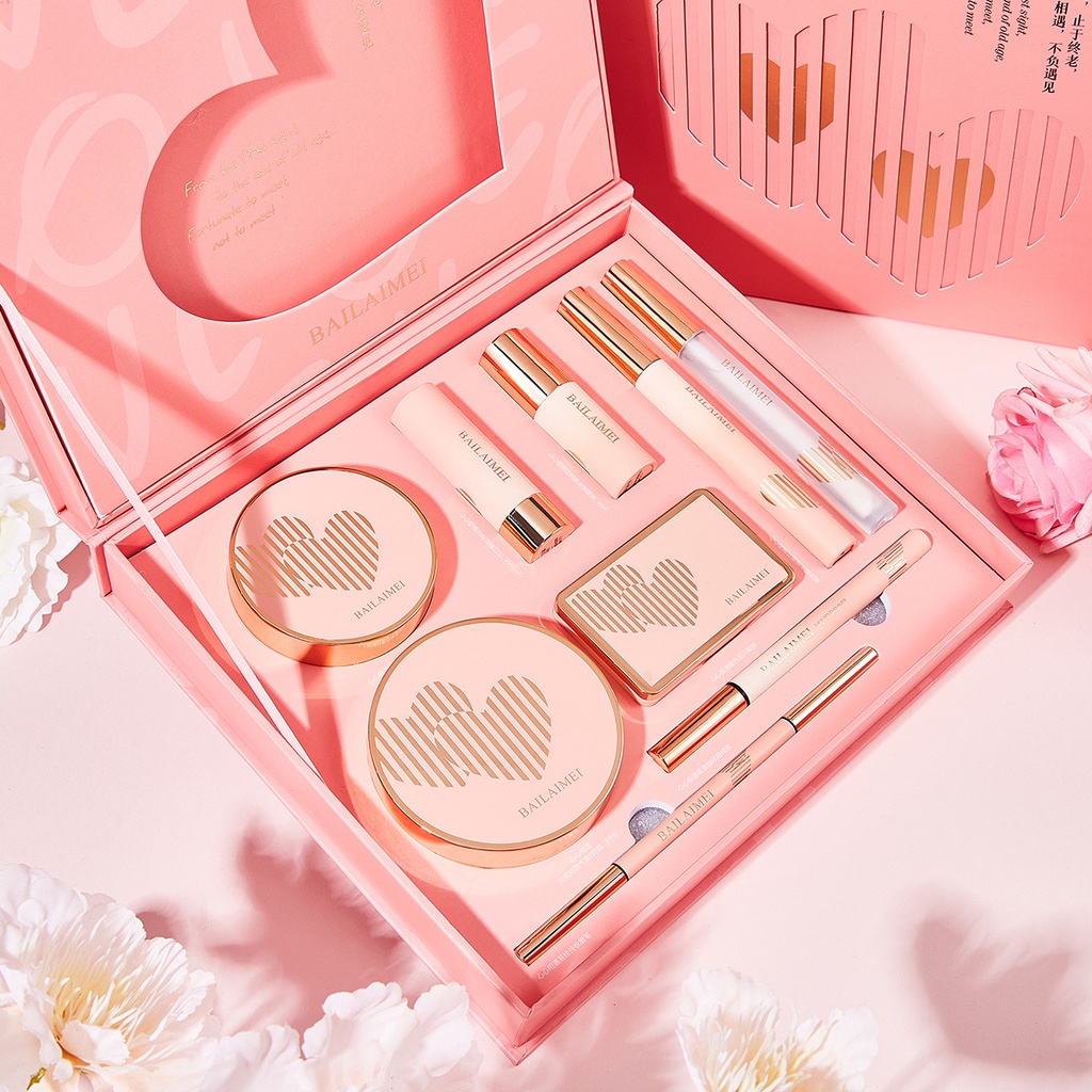 Set trang điểm đầy đủ hồng 9 món BAILAIMEI tặng kèm túi xách