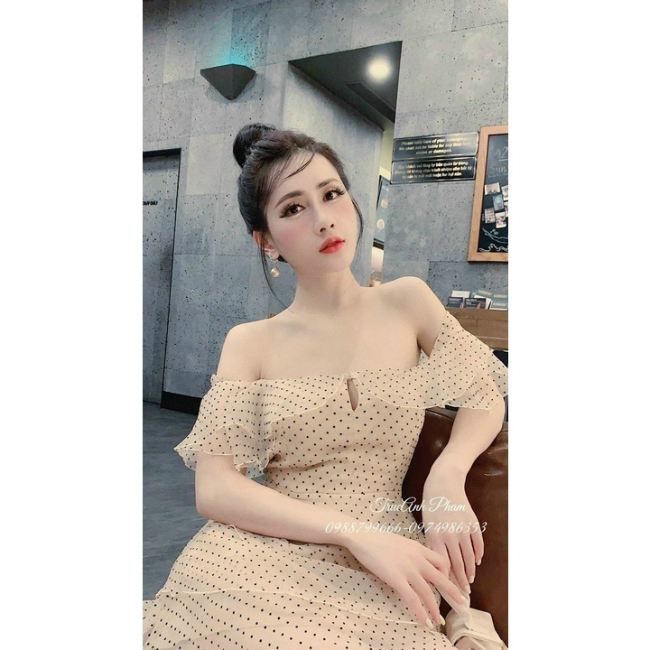 Đầm voan trễ vai dập ly thiết kế chấm bi ( có mút ) sang chảnh