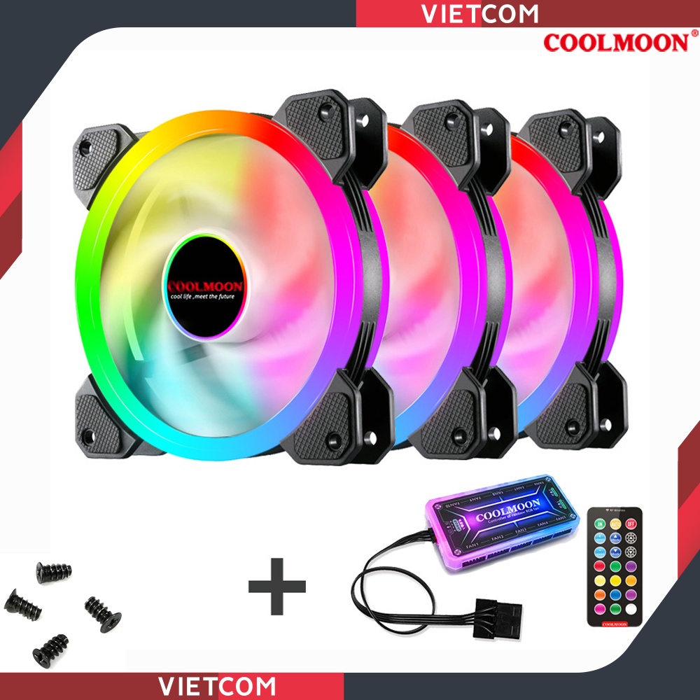Bộ 3 Quạt Tản Nhiệt Coolmoon V2 - Fan Led RGB Coolmoon V2 + Bộ Hub Coolmoon và điều khiển