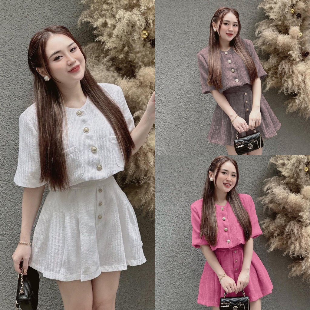 Set bộ đồ nữ áo croptop đính nút đồng cài thật kèm chân váy chữ A xinh xắn