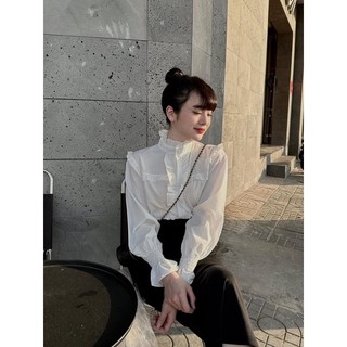 Sơ mi form crop bèo ngang cổ trụ màu trắng tay dài