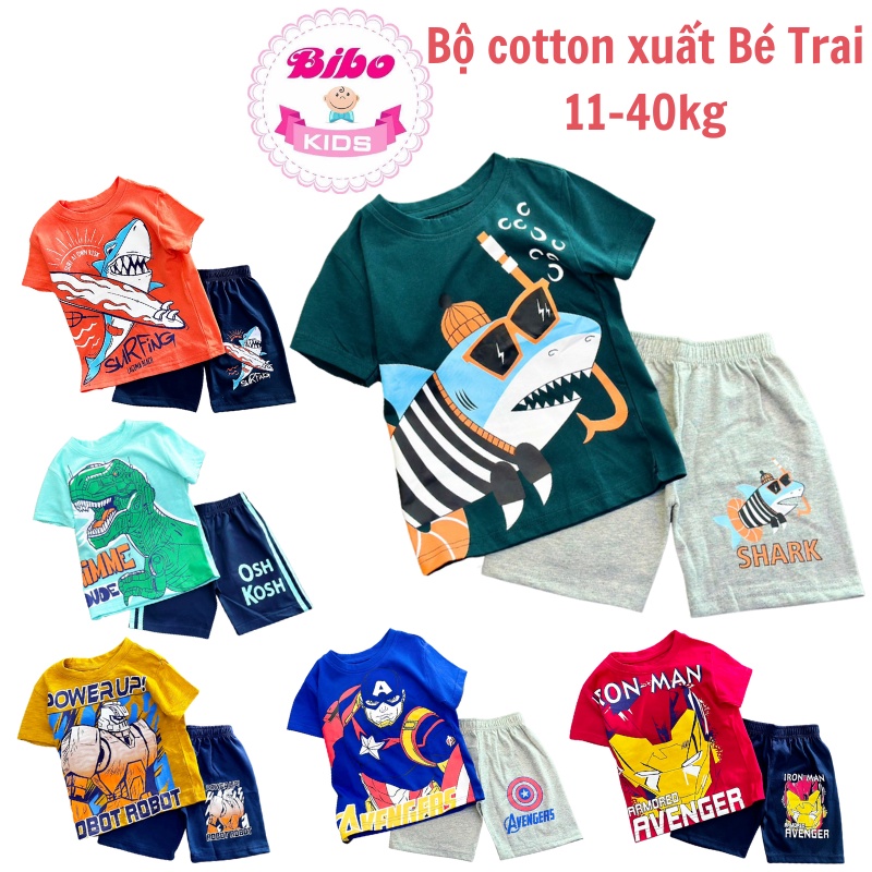 Bộ cộc tay bé trai cotton xuất dư mềm mịn size đại, Set đồ trẻ em in hình Siêu nhân-Khủng long Hot Hit