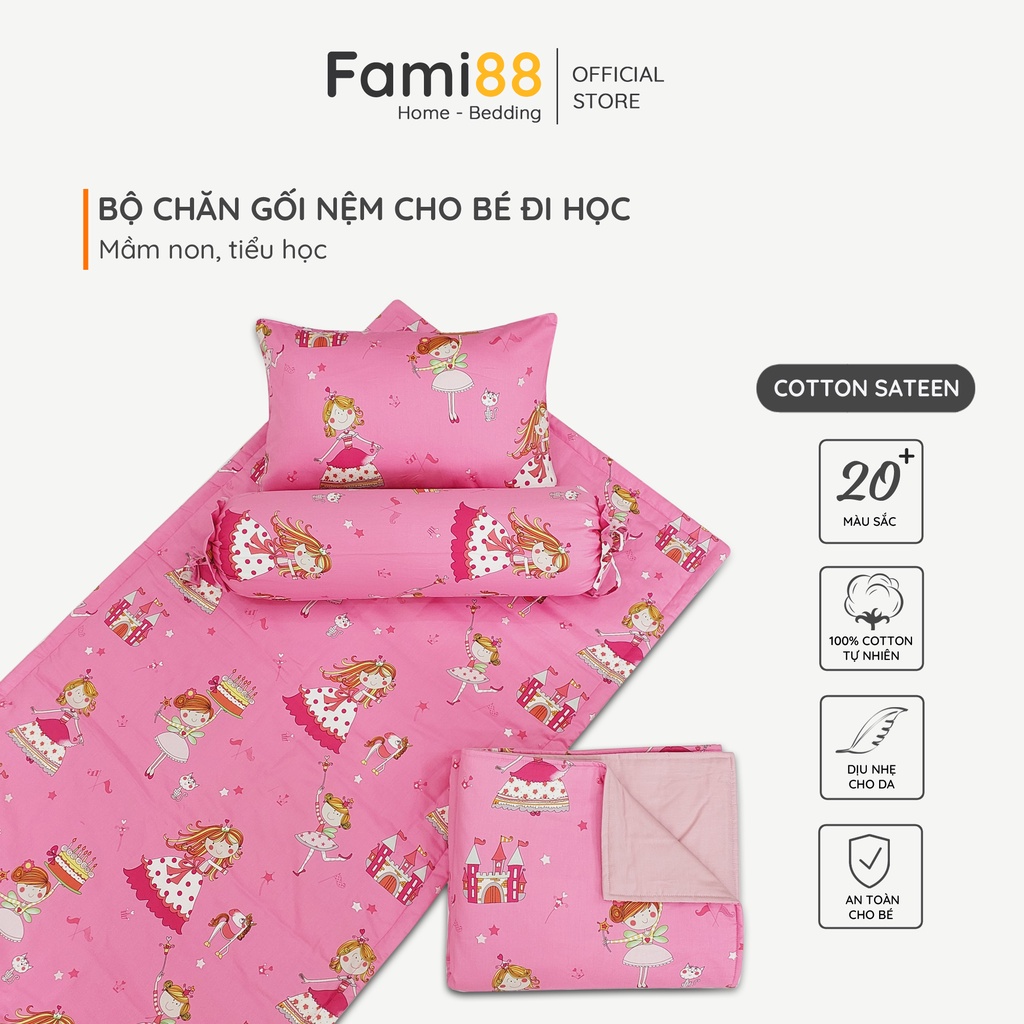 Bộ chăn gối nệm cho bé đi học mẫu giáo tiểu học Fami88 Bedding, mền cho bé gái đẹp dễ thương 100% cotton tự nhiên.