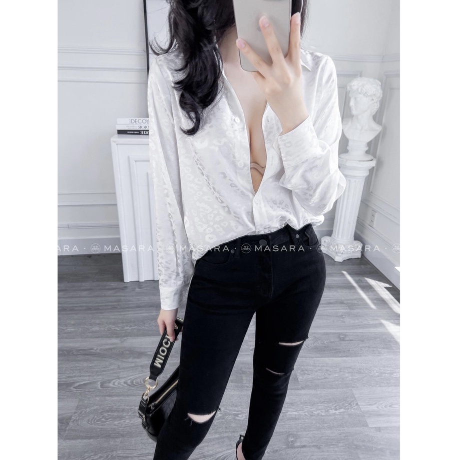 Áo trắng lụa gấm sơ mi dài tay nữ cao cấp họa tiết nổi beo hoa trắng, áo sơ mi họa tiết thiết kế MQ Boutique