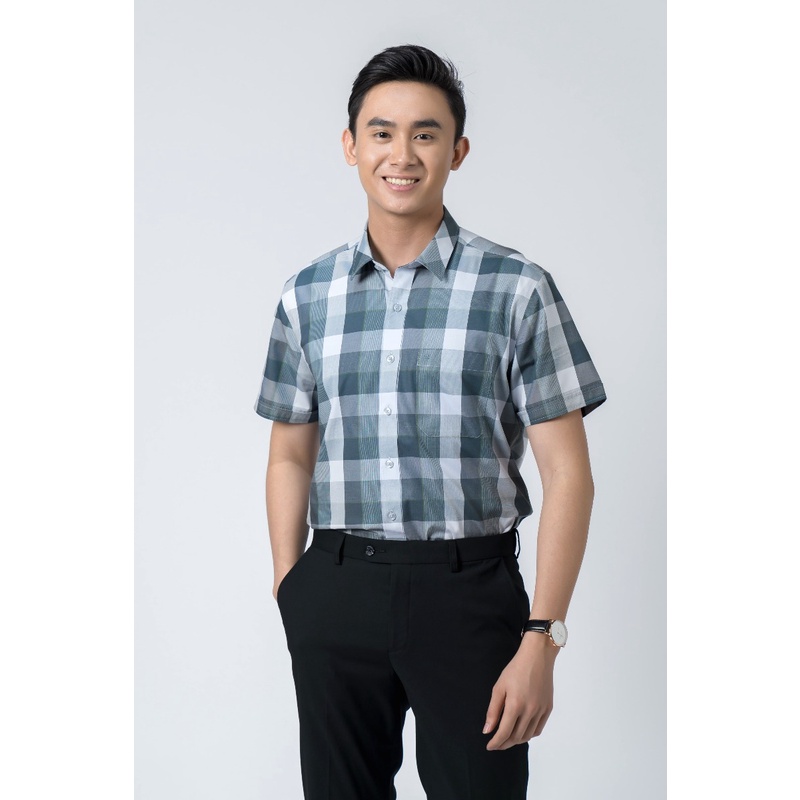Áo sơ mi nam ngắn tay OWEN BA220409NT somi công sở màu xanh bạc hà kẻ ô vải bạc hà cao cấp dáng body fit tà bằng có túi
