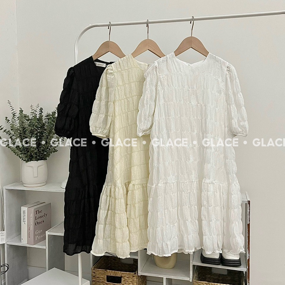 Váy đuôi cá GLACE Váy đầm suông babydoll dáng ngắn tay phồng chất liệu xốp nhăn dập ly kiểu dáng nữ tính thanh lịch | BigBuy360 - bigbuy360.vn