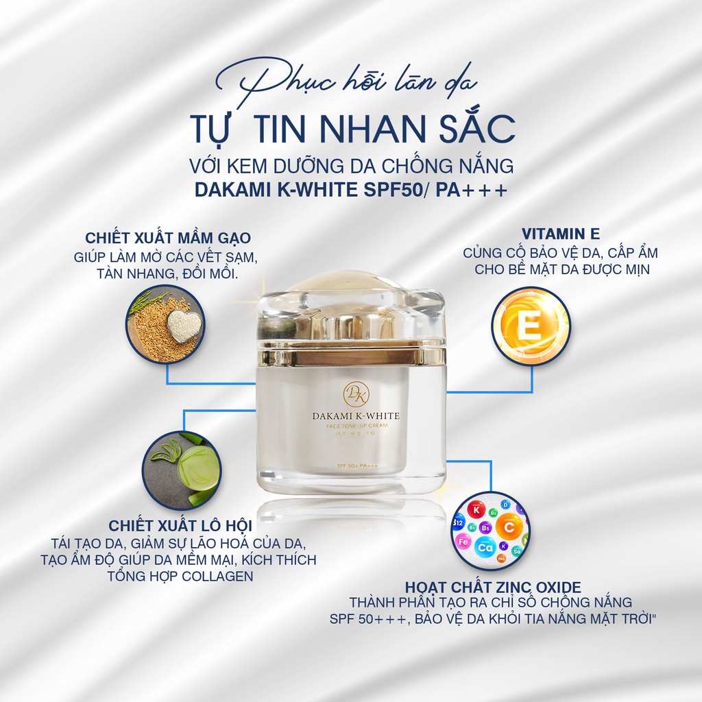 Kem Dakami K-White SPF50/ PA++, dưỡng trắng da mặt, chống nắng, giảm thâm, mờ nám hộp 30g
