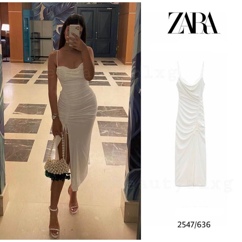 ZARA Đức - Đầm ngắn ôm dây chéo nhún thun bèo bên hông màu trắng sale auth new tag cao cấp chính hãng có sẵn 7521/203