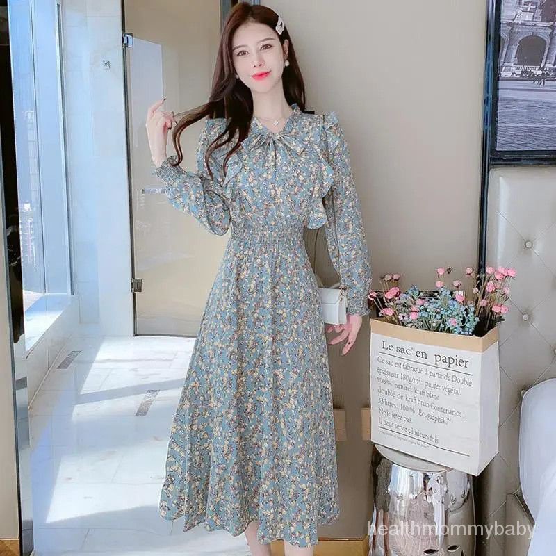 Trang Phục Cho Con Bú Đi Chơi  Hoa Váy Liền Dài Tay Mỏng  Váy Dài Thắt Nơ Mặc Bên Trong Cho Con Bú