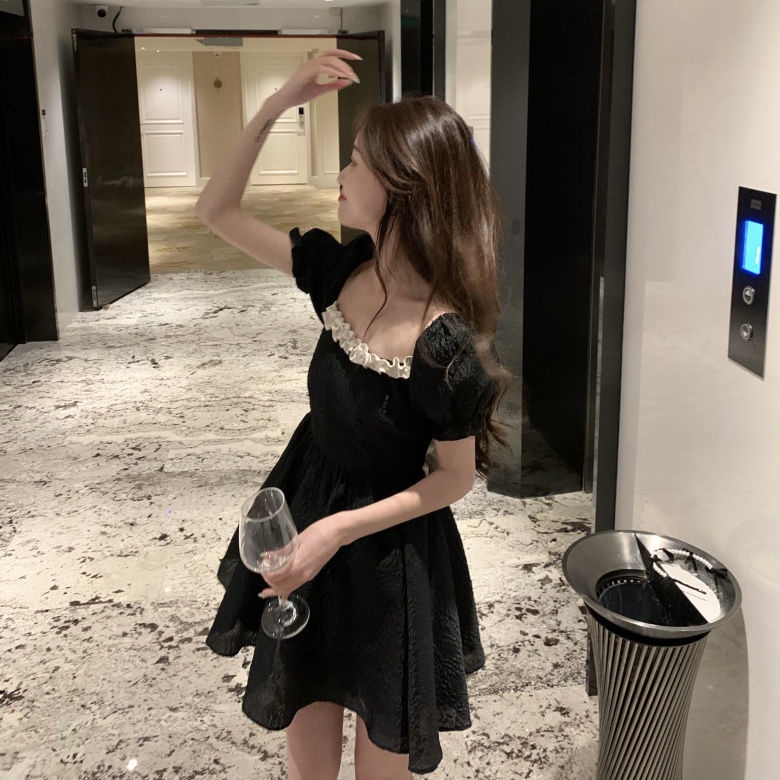 Đầm Ngắn Tay Phồng Thắt Nơ Nhấn Eo Màu Đen Phong Cách Pháp Thời Trang Mùa Hè Cho Nữ