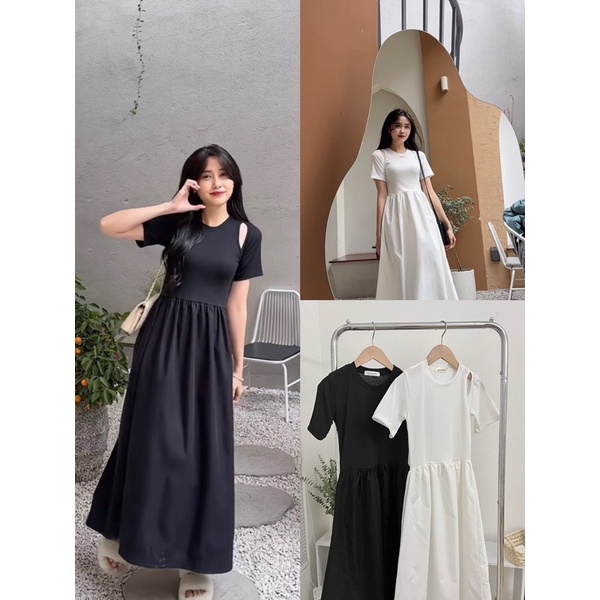 [NEW]VÁY COTTON TĂM TAY CỘC PHỐI KAKI 2 DA cutout vai 2302