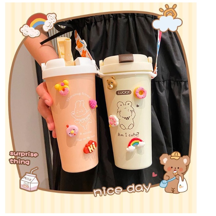Bình giữ nhiệt, Ly giữ nhiệt 500ml, bình đựng nước cute có ống hút, tặng dây đeo và sticker trang tr